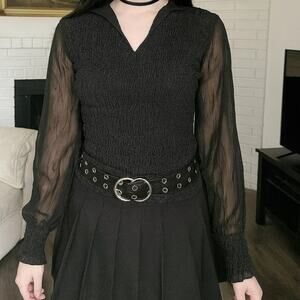 70s Black Sheer Sleeve Textured Top Small Vintage Goth Witchy